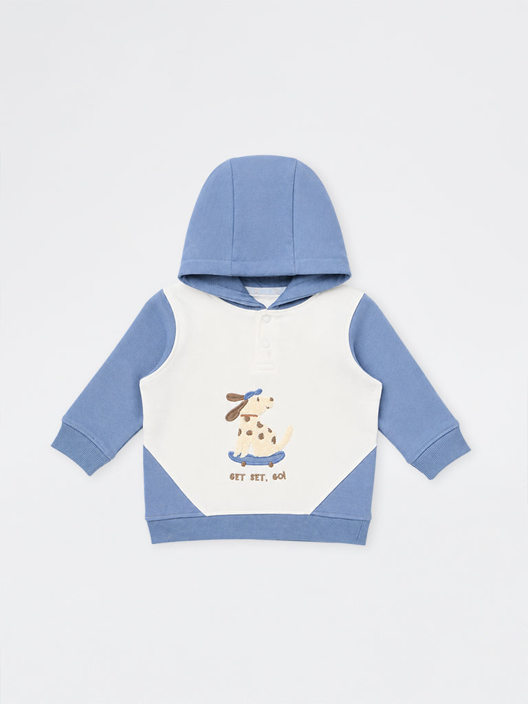 HOP Baby Boys Dusty Blue Colour-Blocked Cotton-Blend Sweatshirt