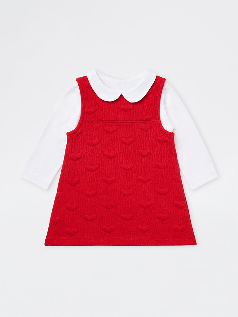HOP Baby Girls Red Heart Design Cotton-Blend Pinafore with T-Shirt Set