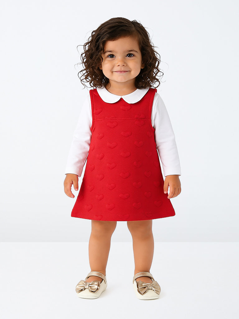HOP Baby Girls Red Heart Design Cotton-Blend Pinafore with T-Shirt Set