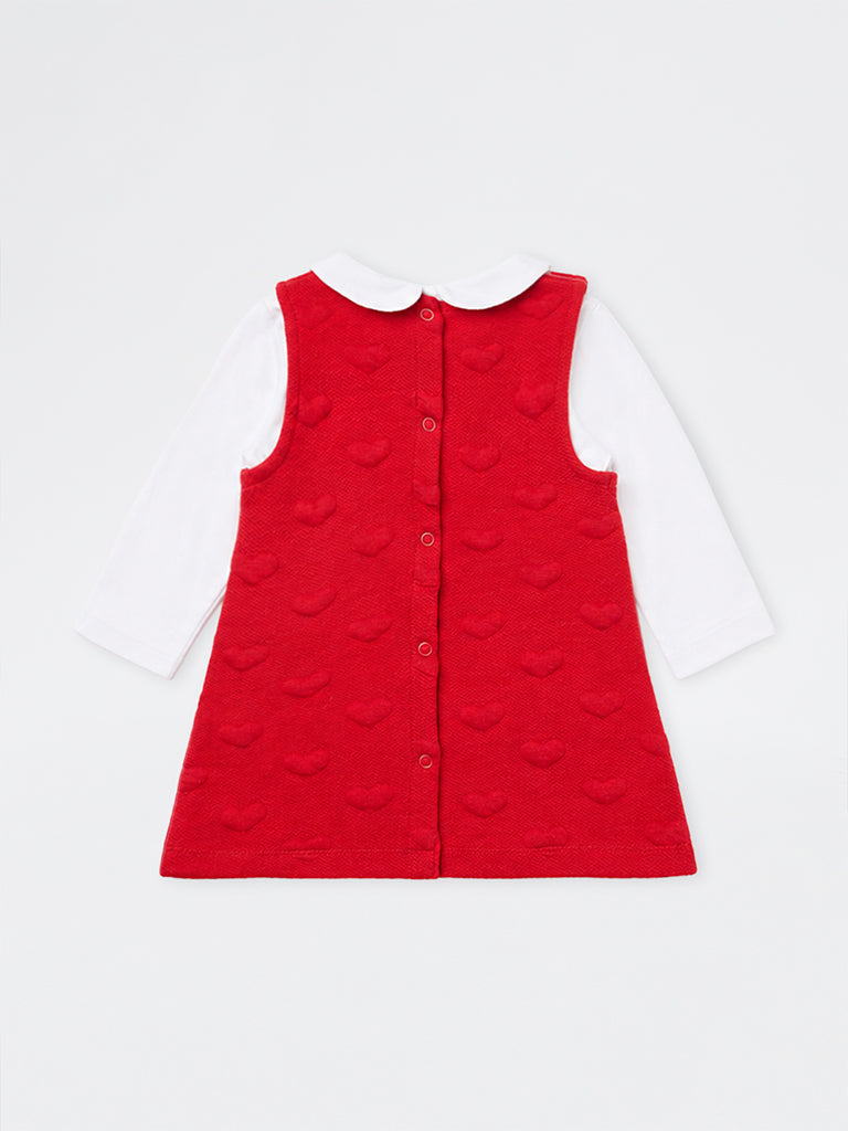 HOP Baby Girls Red Heart Design Cotton-Blend Pinafore with T-Shirt Set