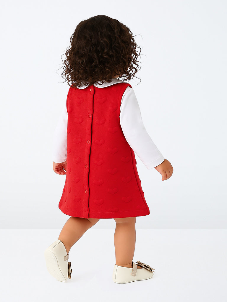 HOP Baby Girls Red Heart Design Cotton-Blend Pinafore with T-Shirt Set