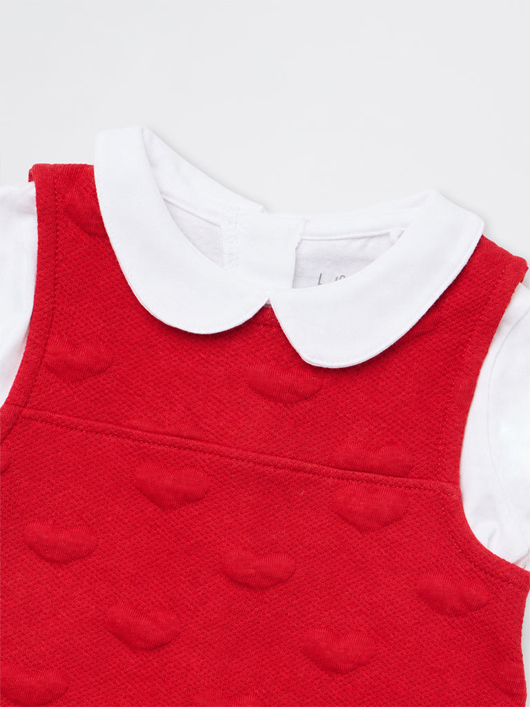 HOP Baby Girls Red Heart Design Cotton-Blend Pinafore with T-Shirt Set