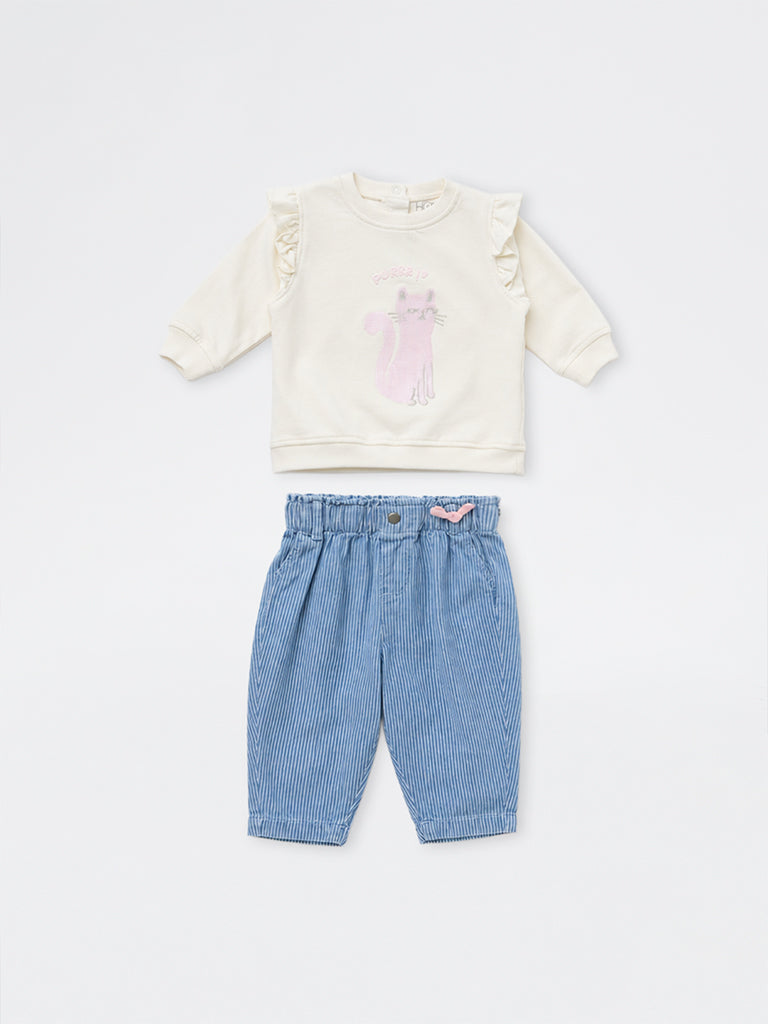 HOP Baby Girls Off-White Cat Design Cotton Sweatshirt and Pants Set