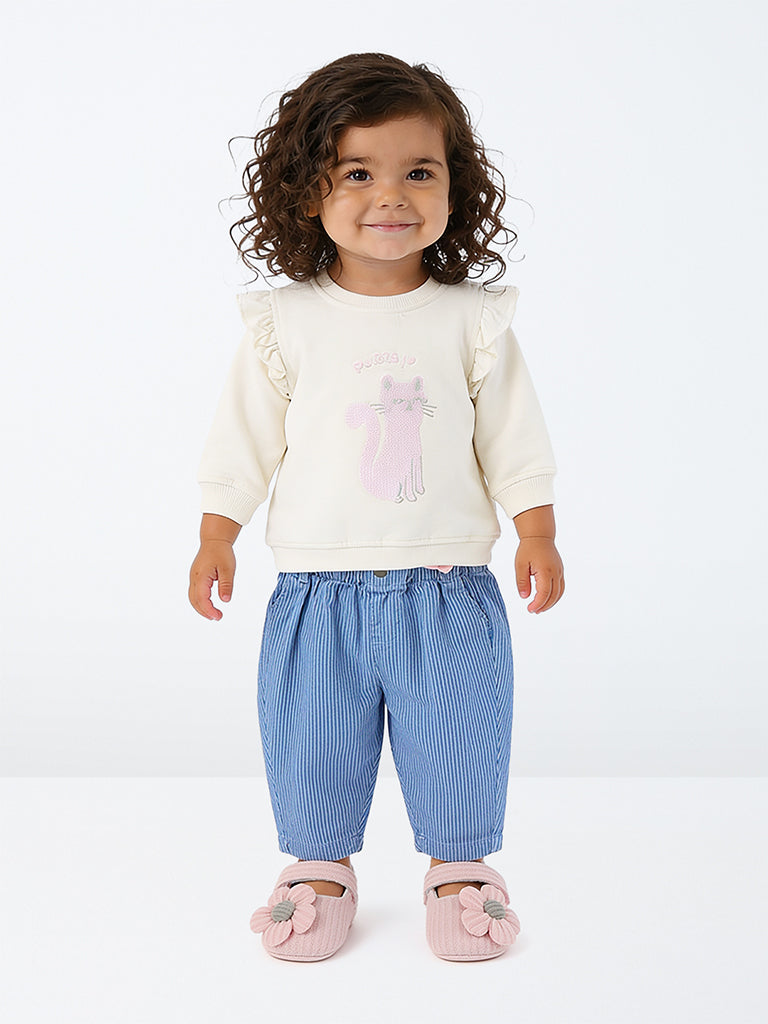 HOP Baby Girls Off-White Cat Design Cotton Sweatshirt and Pants Set