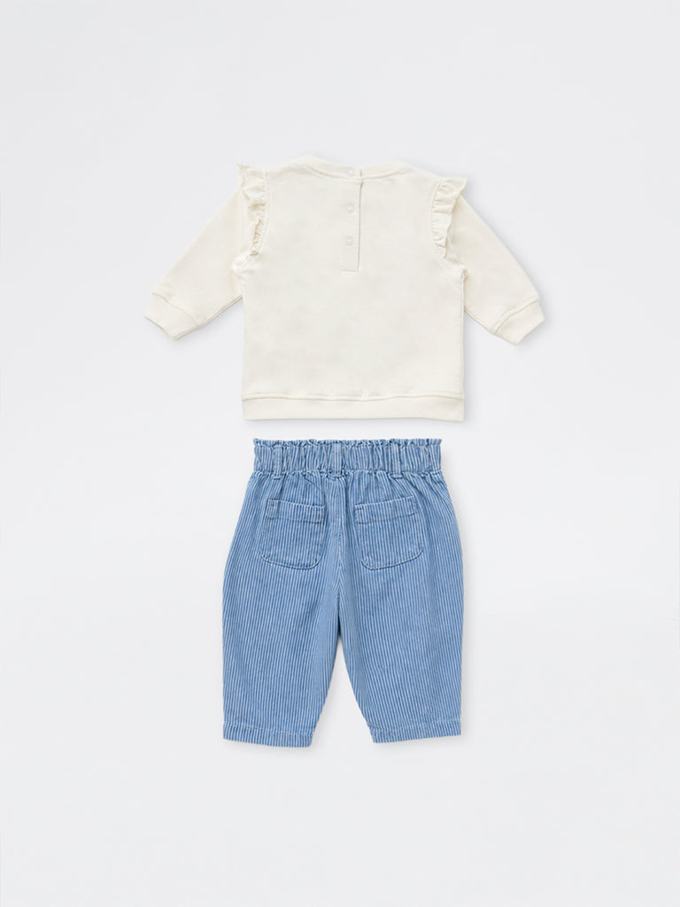 HOP Baby Girls Off-White Cat Design Cotton Sweatshirt and Pants Set