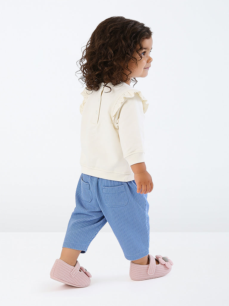 HOP Baby Girls Off-White Cat Design Cotton Sweatshirt and Pants Set
