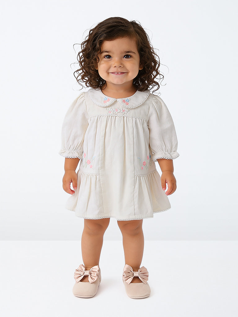 HOP Baby Girls White Floral Embroidered Cotton A-Line Dress