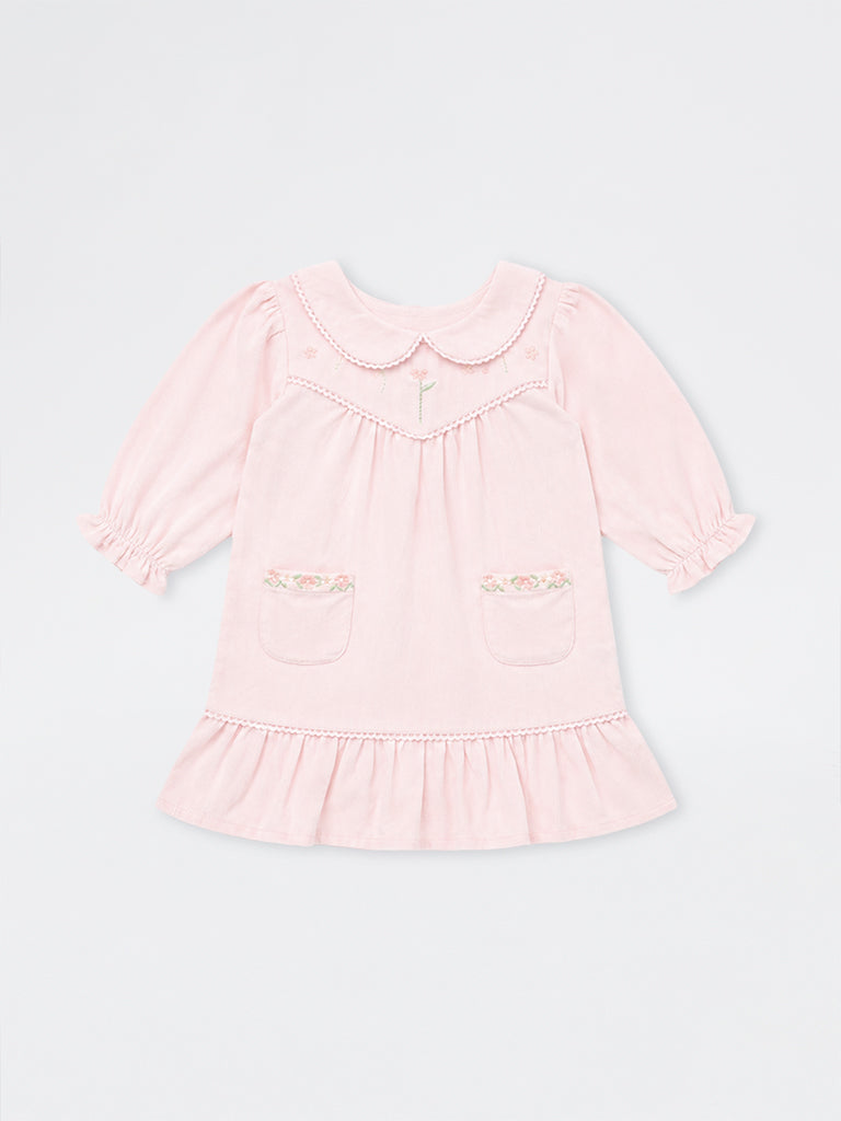 HOP Baby Girls Pink Floral Embroidered Corduroy Cotton Top