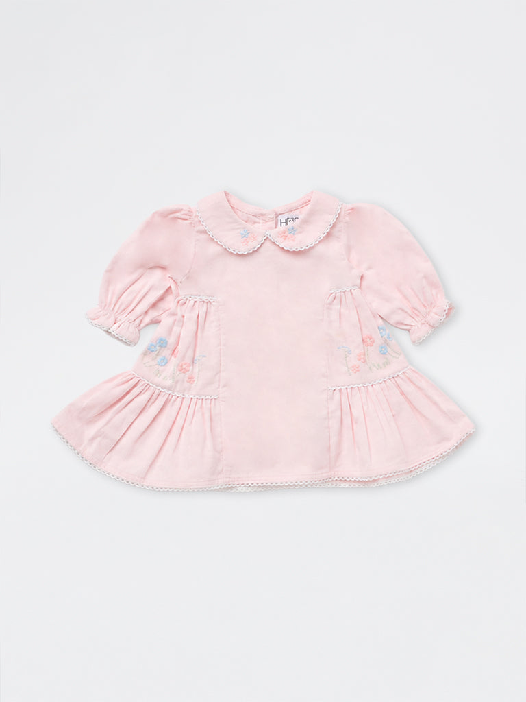 HOP Baby Girls Pink Floral-Embroidered Cotton A-Line Dress