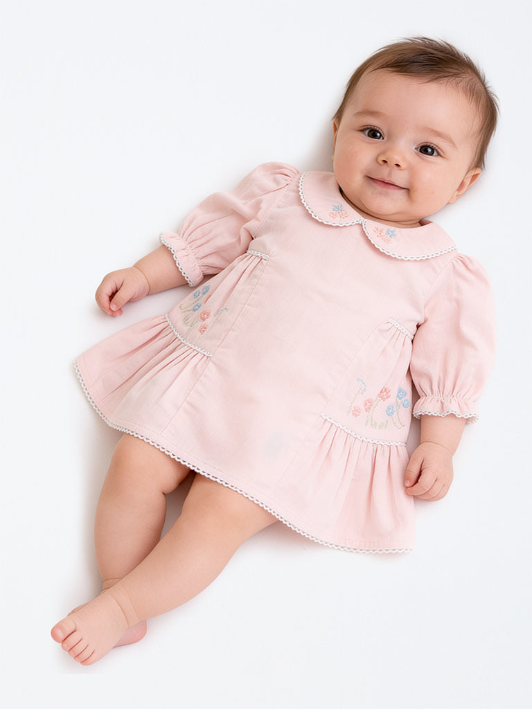 HOP Baby Girls Pink Floral-Embroidered Cotton A-Line Dress