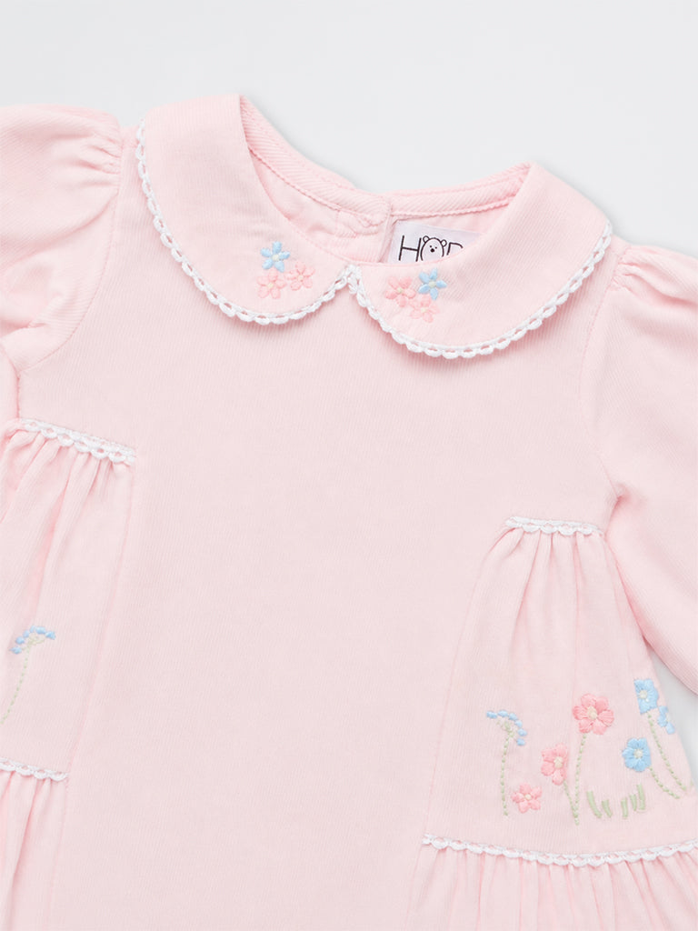 HOP Baby Girls Pink Floral-Embroidered Cotton A-Line Dress