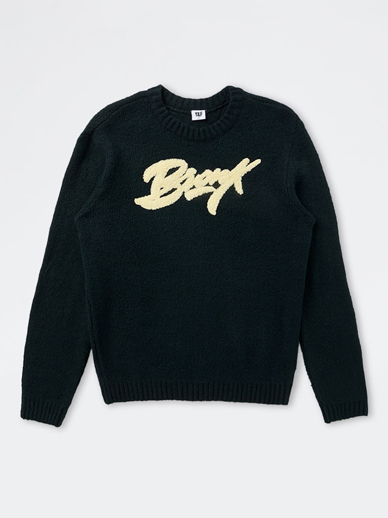 Boys Black Text Embroidered Knitted Sweater