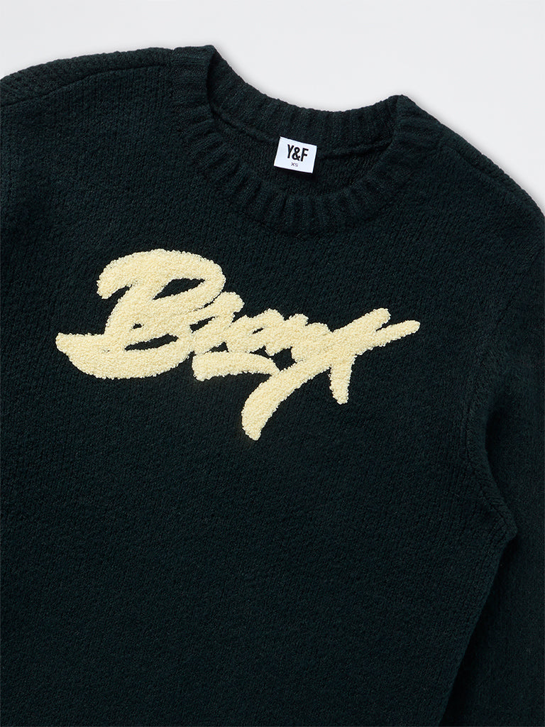 Boys Black Text Embroidered Knitted Sweater