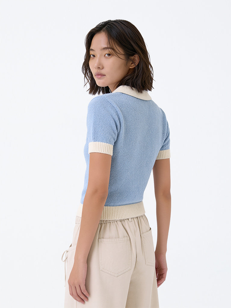 Girls Light Blue Bow-Detail Knitted Cotton-Blend Polo T-Shirt