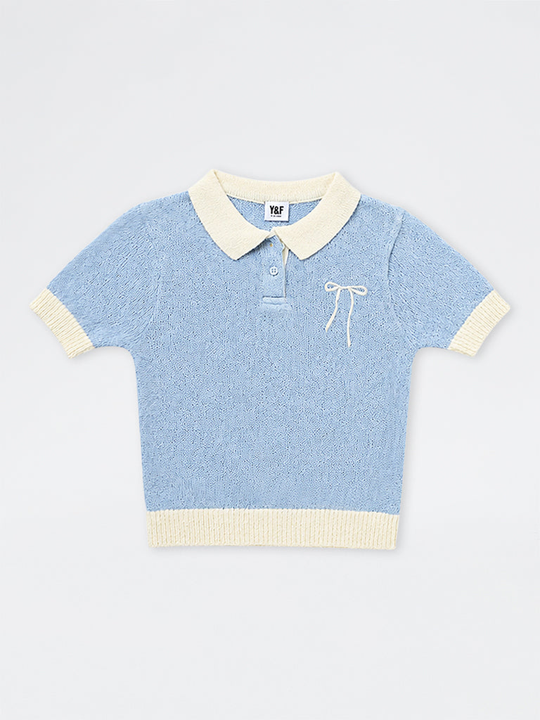 Girls Light Blue Bow-Detail Knitted Cotton-Blend Polo T-Shirt