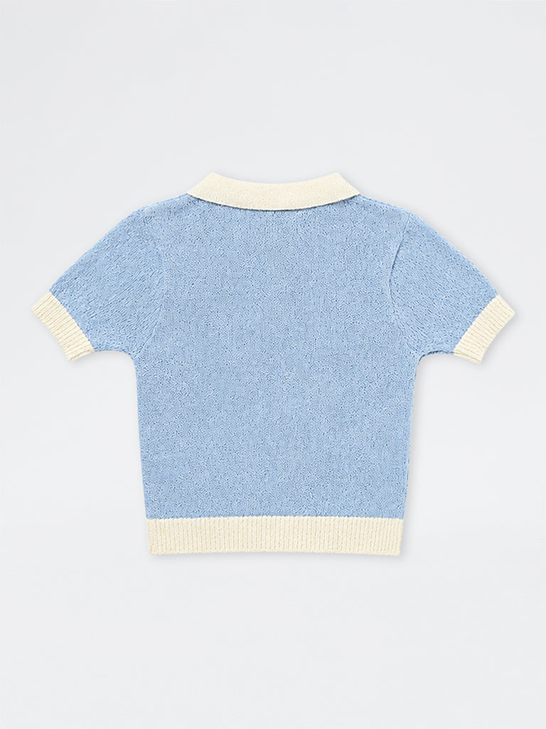 Girls Light Blue Bow-Detail Knitted Cotton-Blend Polo T-Shirt