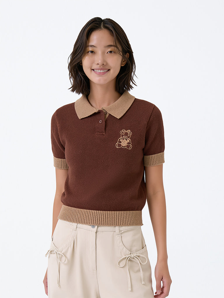 Y&F Kids Girls Brown Teddy-Detail Knitted Cotton-Blend Polo T-Shirt