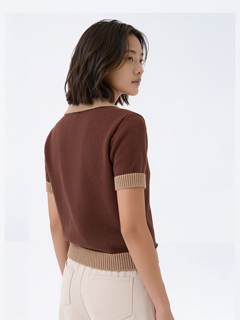 Y&F Kids Girls Brown Teddy-Detail Knitted Cotton-Blend Polo T-Shirt