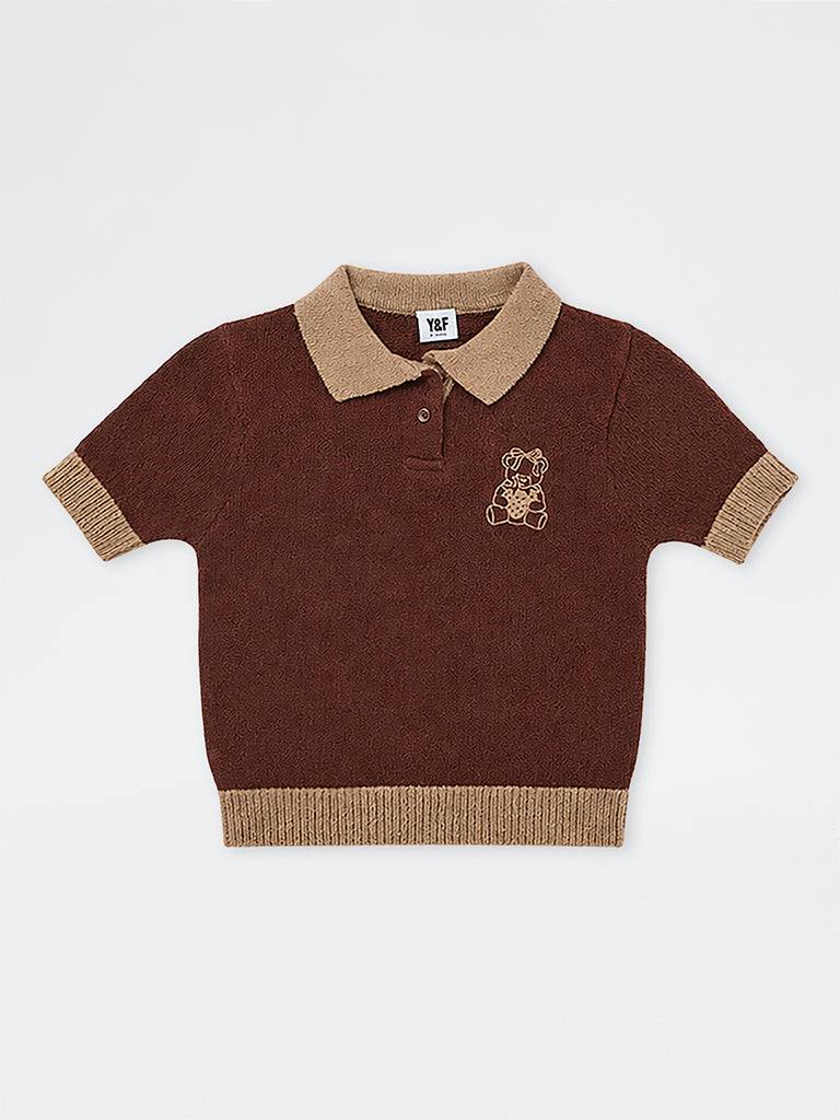 Y&F Kids Girls Brown Teddy-Detail Knitted Cotton-Blend Polo T-Shirt