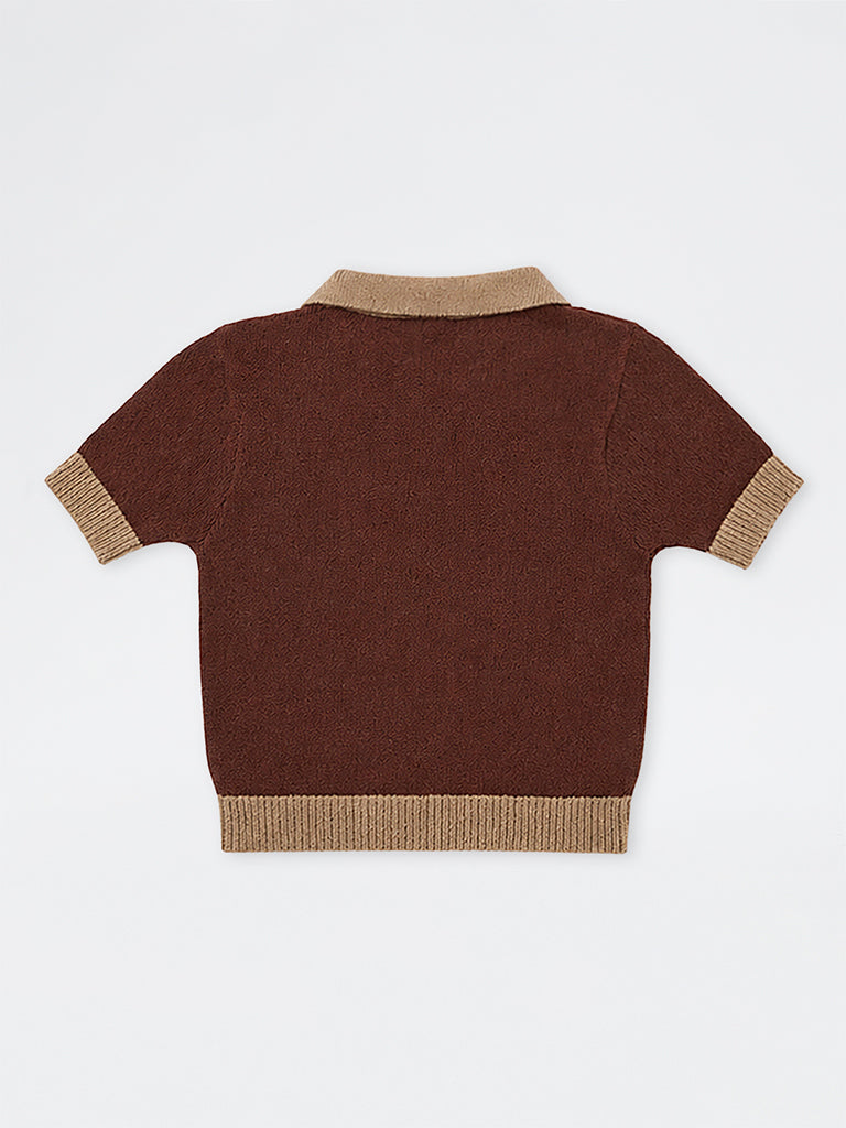 Y&F Kids Girls Brown Teddy-Detail Knitted Cotton-Blend Polo T-Shirt