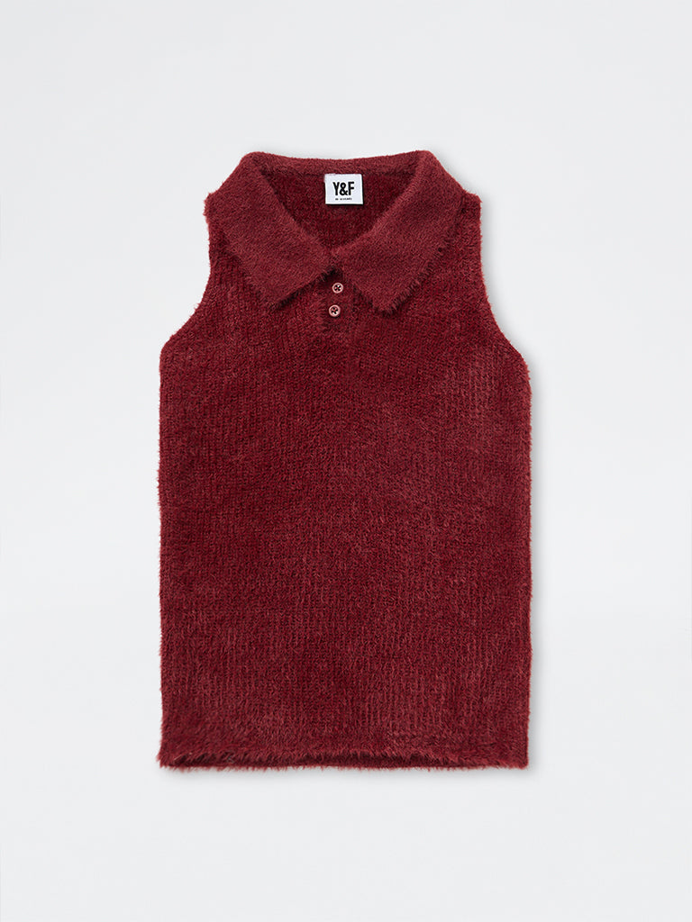Girls Burgundy Fleece-Textured Polo Sweater
