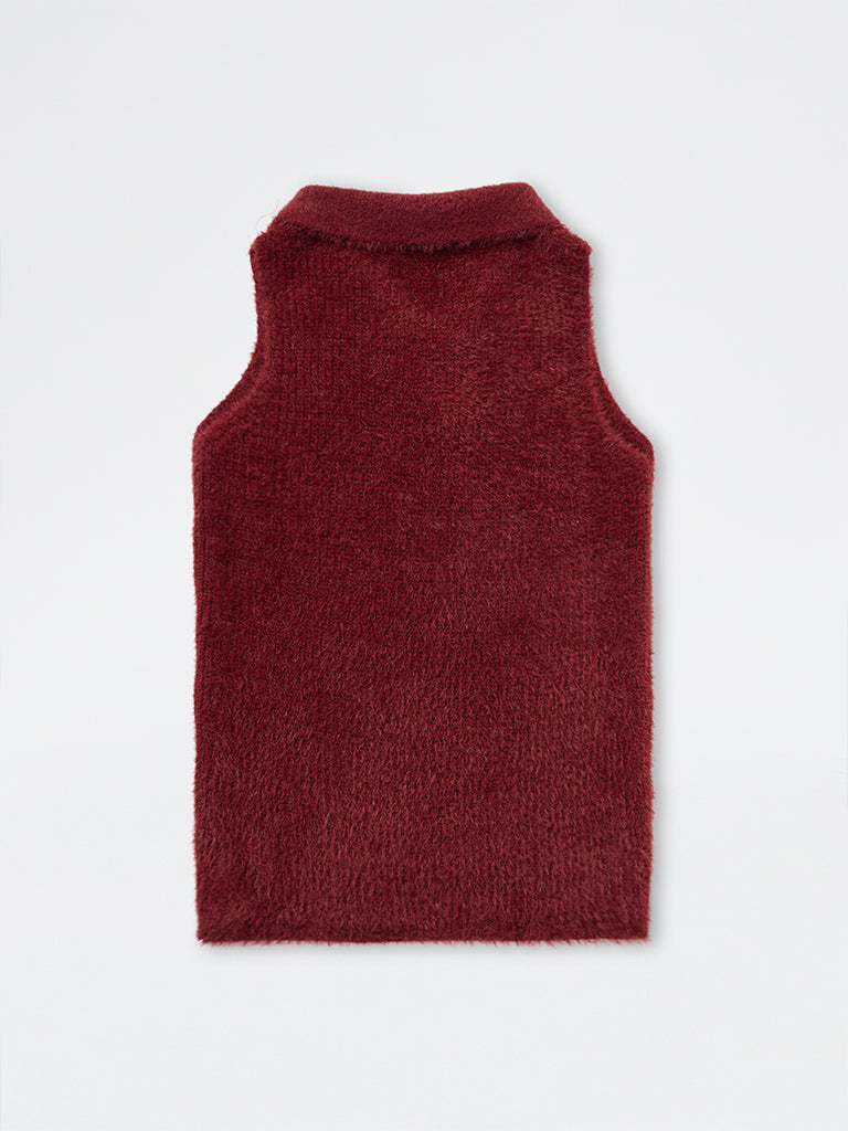 Girls Burgundy Fleece-Textured Polo Sweater