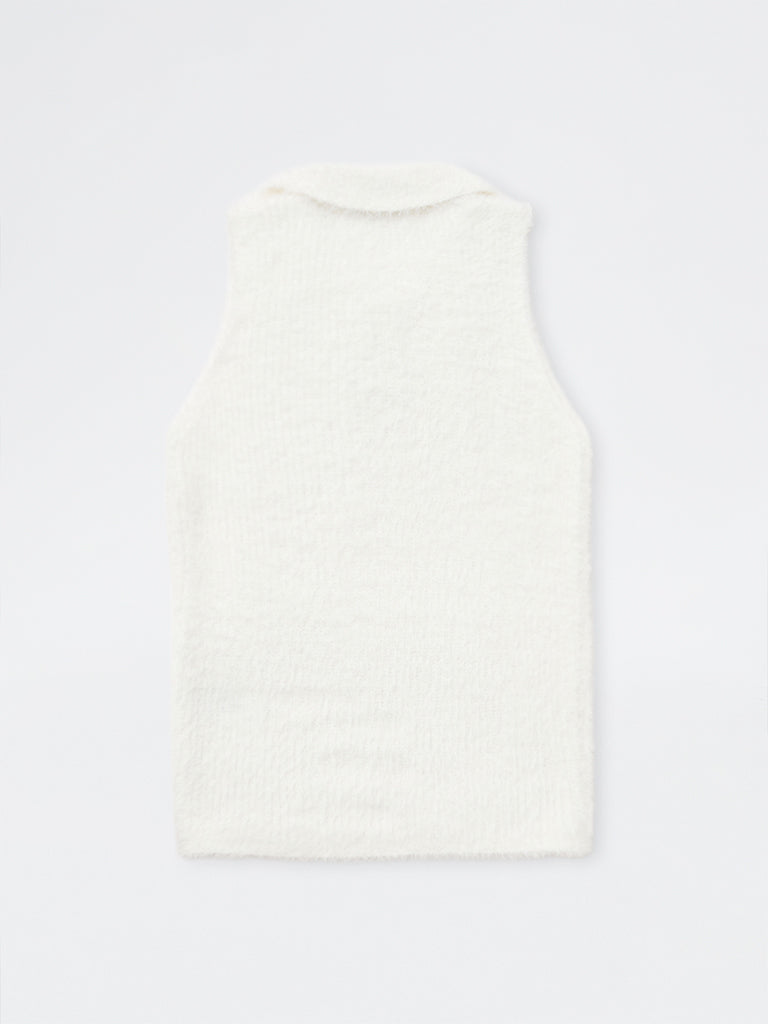 Girls White Fleece-Textured Polo Sweater