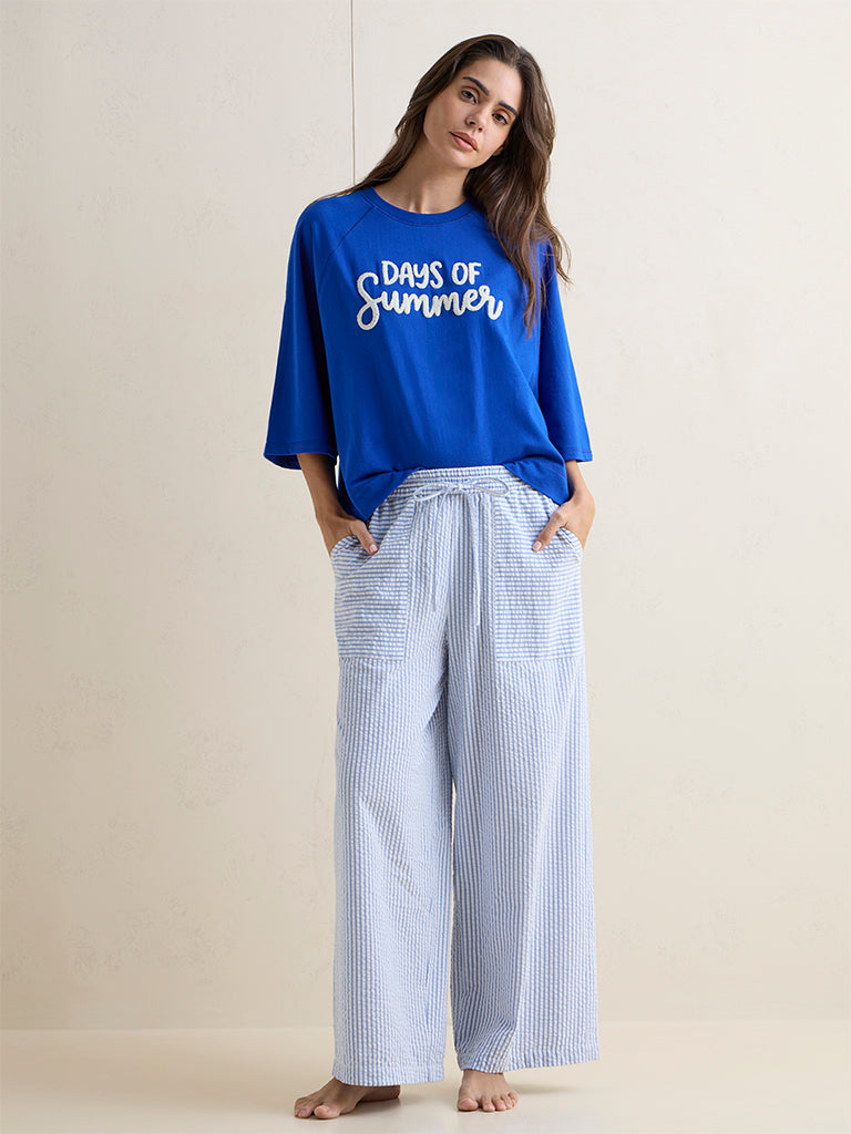 Wunderlove Blue Text Embroidered Cotton-Blend T-Shirt