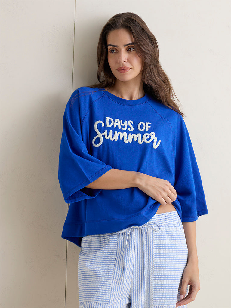 Wunderlove Blue Text Embroidered Cotton-Blend T-Shirt