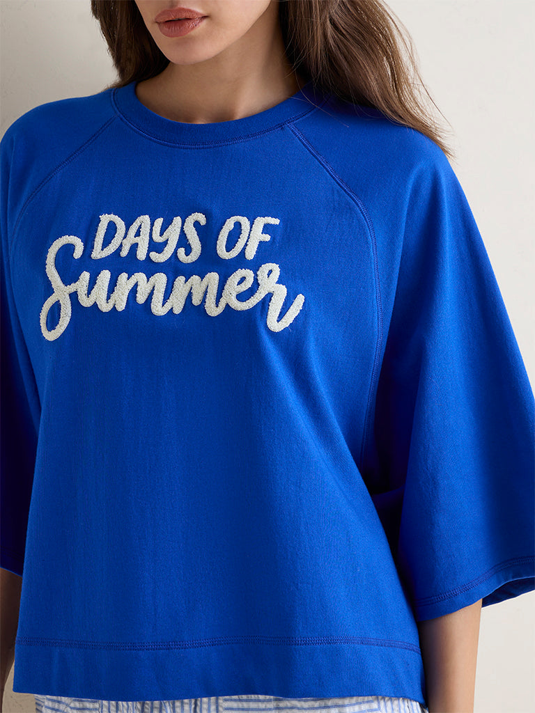 Wunderlove Blue Text Embroidered Cotton-Blend T-Shirt
