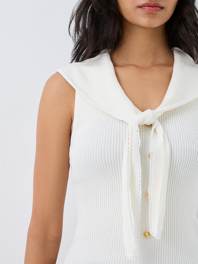 Nuon Off-White Ribbed Tie-Up Detail Top