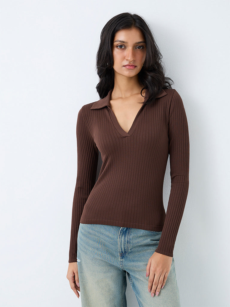 Nuon Dark Brown Ribbed-Textured Top