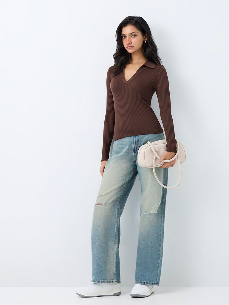 Nuon Dark Brown Ribbed-Textured Top