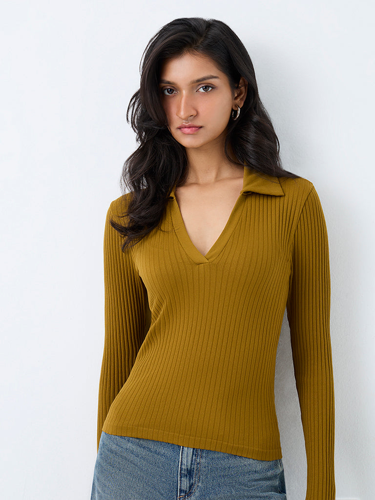Nuon Mustard Ribbed-Textured Top