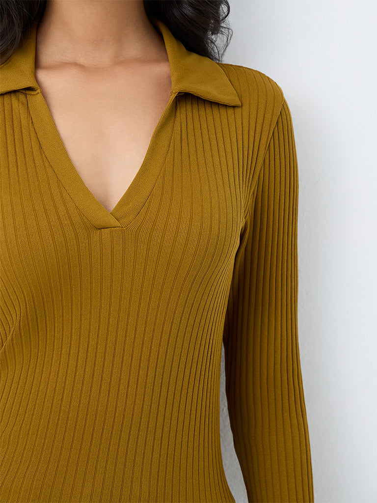 Nuon Mustard Ribbed-Textured Top