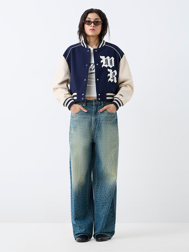 Nuon Navy Colour-Blocked Varsity Jacket
