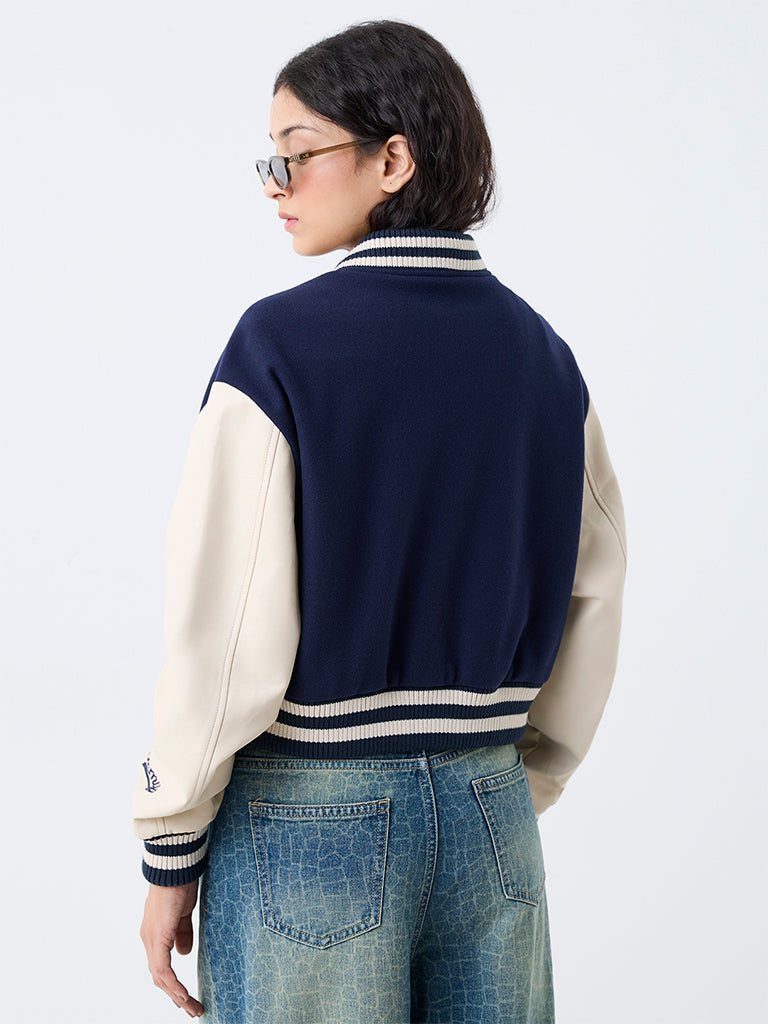 Nuon Navy Colour-Blocked Varsity Jacket