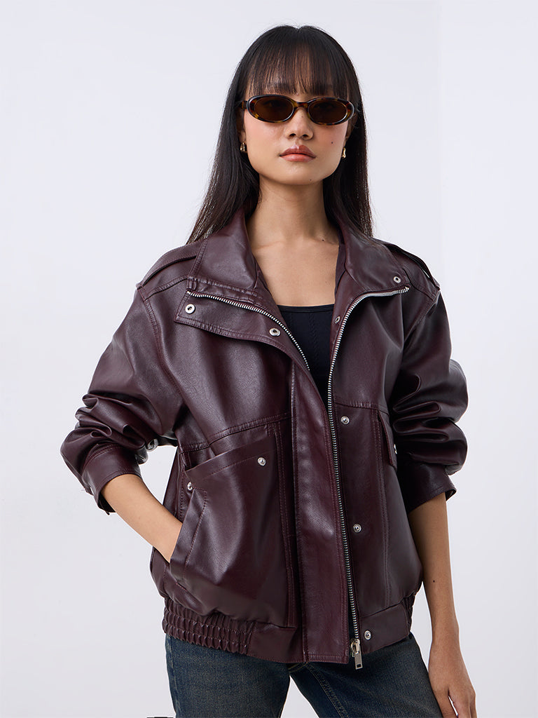 Nuon Burgundy Solid Faux Leather Jacket