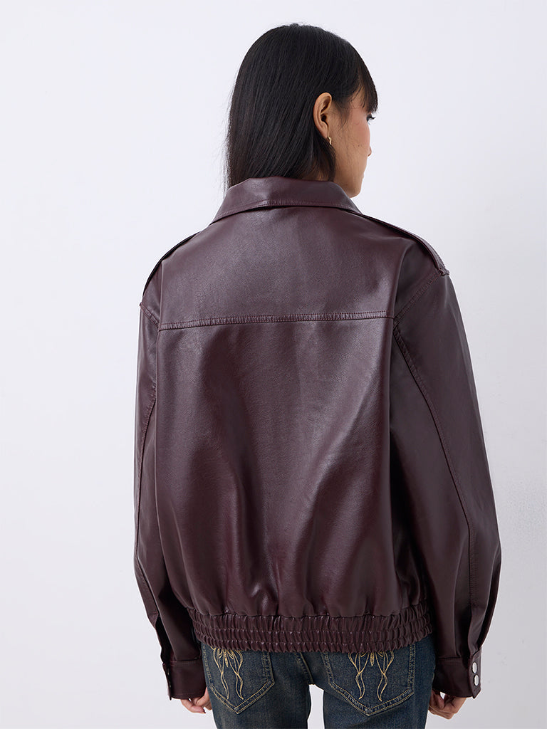 Nuon Burgundy Solid Faux Leather Jacket