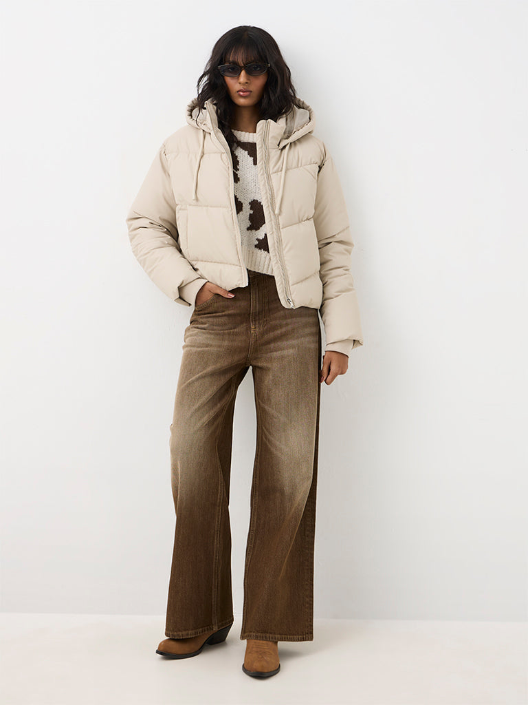 Nuon Beige Hooded Puffer Jacket