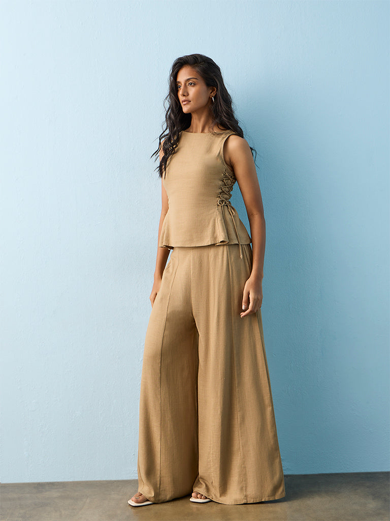 LOV Dark Beige Wide-Leg High-Rise Pants