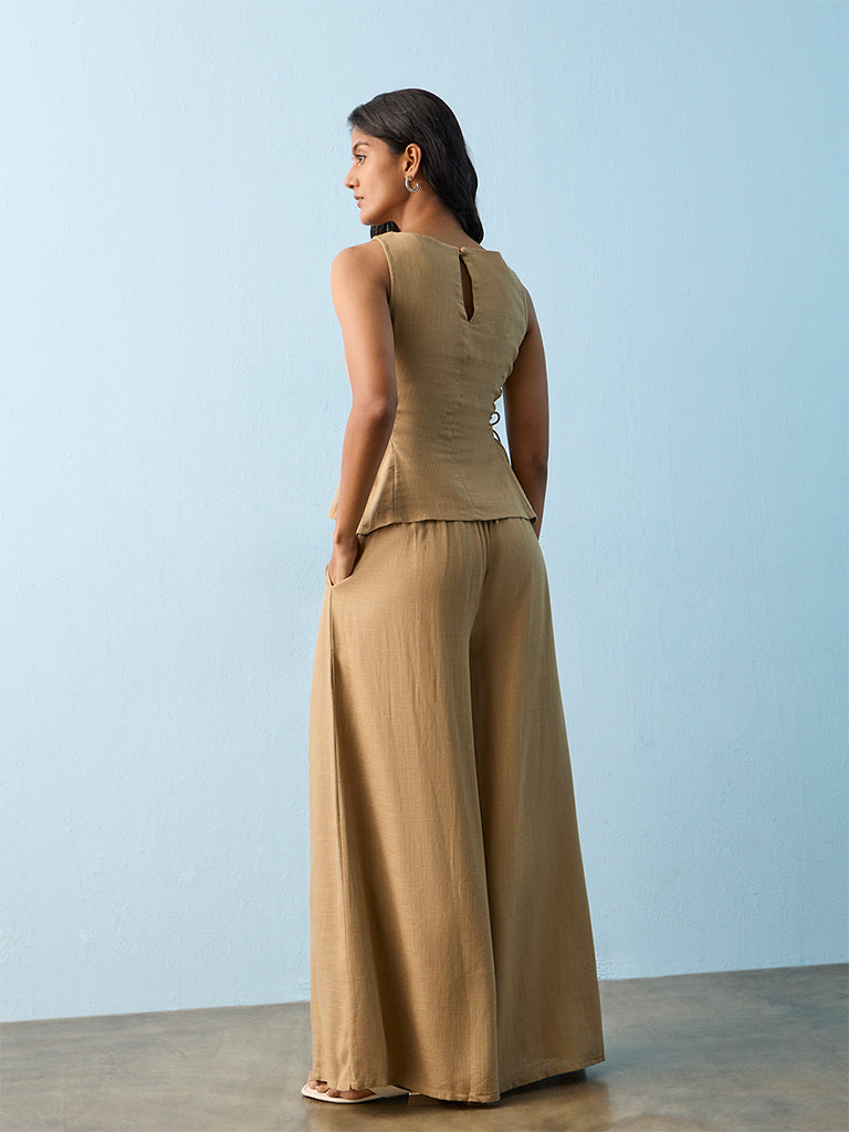 LOV Dark Beige Wide-Leg High-Rise Pants