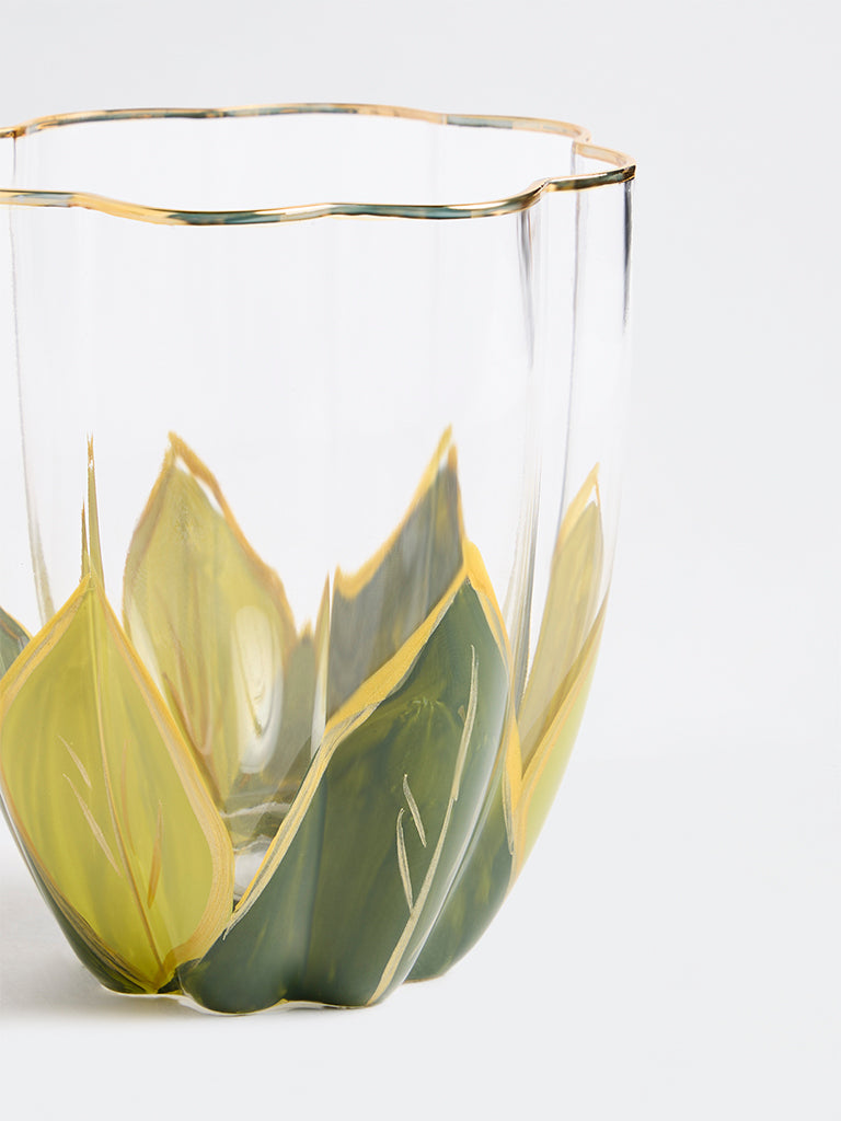 Westside Home Green Leaf Design Hand Painted Water Glass