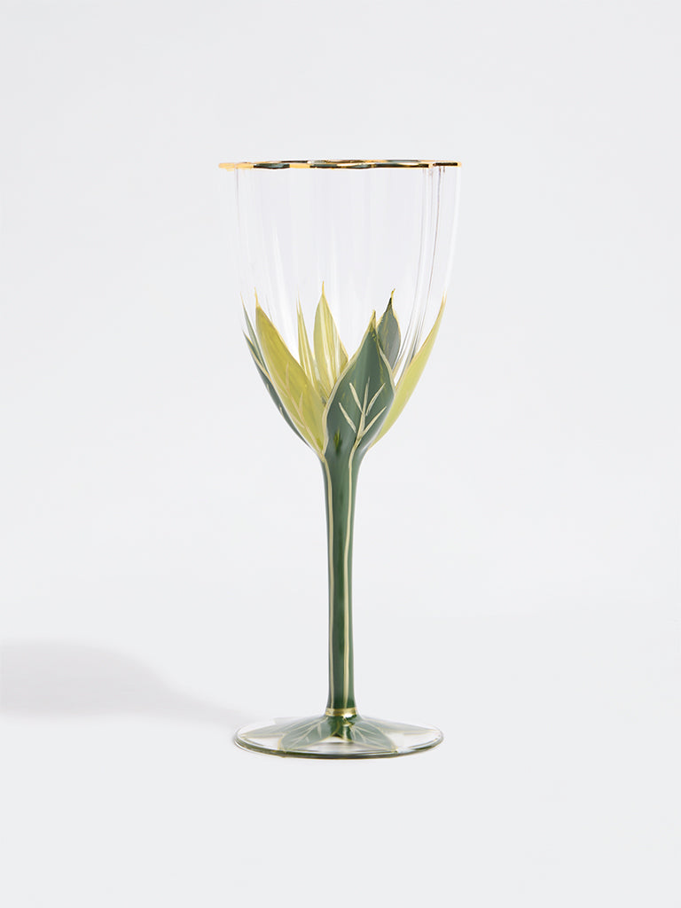 Westside Home Green Leaf Design Hand Painted Wine Glass
