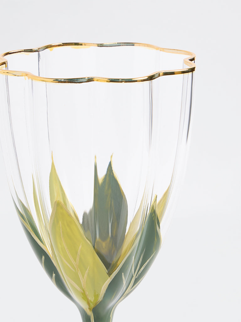 Westside Home Green Leaf Design Hand Painted Wine Glass