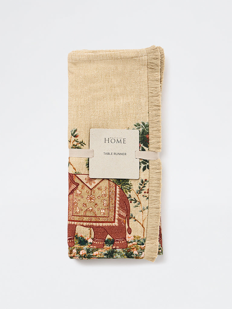 Westside Home Beige Heritage Elephant Printed Tapestry Table Runner