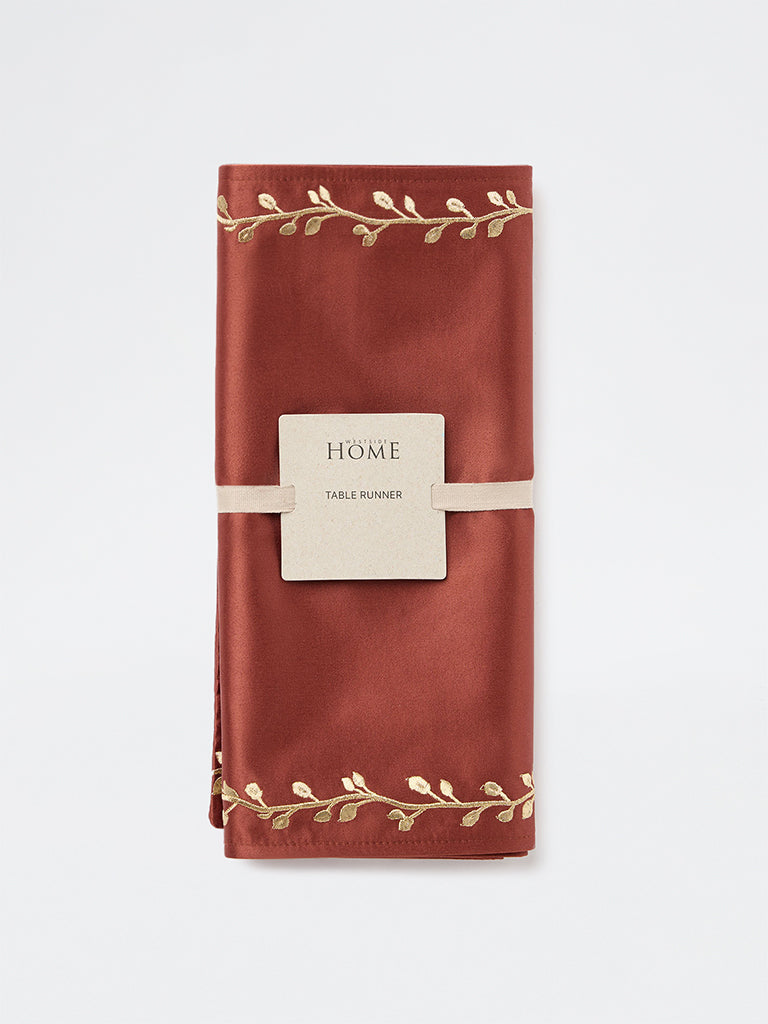 Westside Home Rust Botanical Embroidered Satin Table Runner