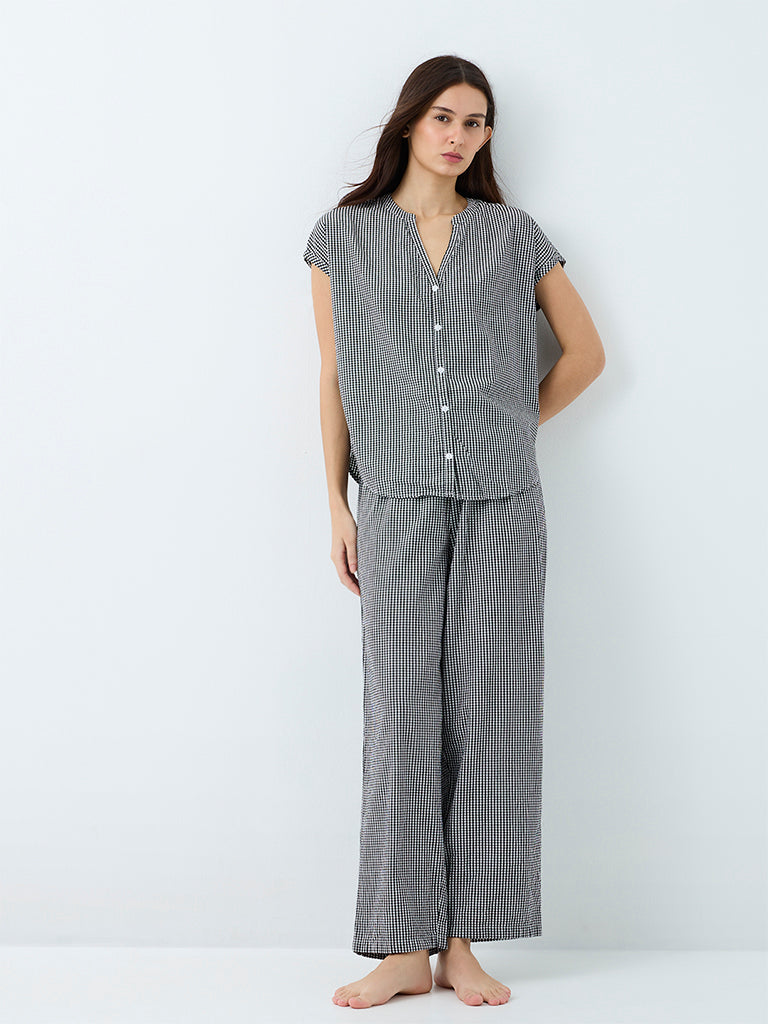 Wunderlove Black Gingham Checkered Cotton-Blend Shirt and Pyjamas Set