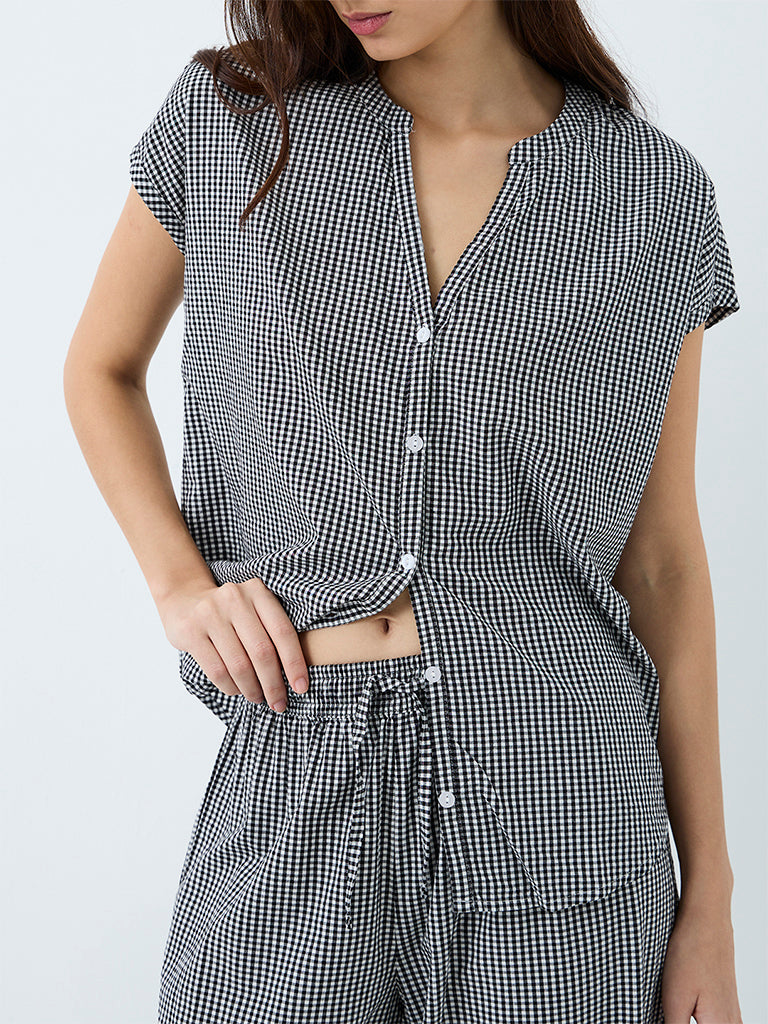 Wunderlove Black Gingham Checkered Cotton-Blend Shirt and Pyjamas Set