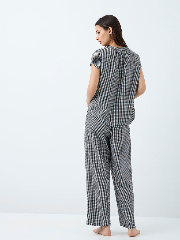 Wunderlove Black Gingham Checkered Cotton-Blend Shirt and Pyjamas Set